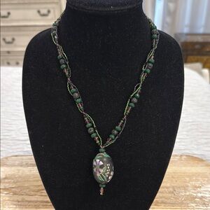 Vintage Black Green Floral Cloisonné Large Pendant Signed EJL Flower Beaded